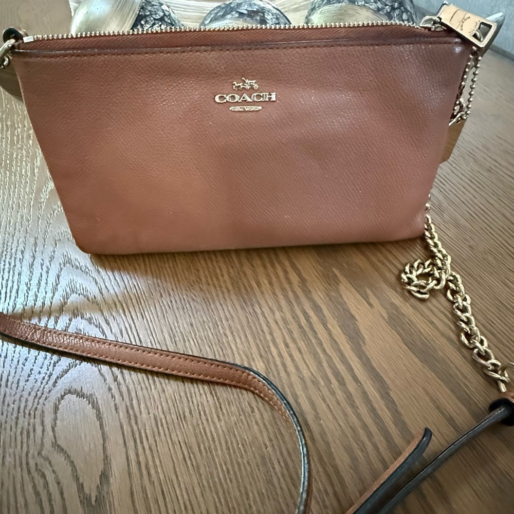COACH Brown Leather Crossbody Strap with Gold Chain Accent